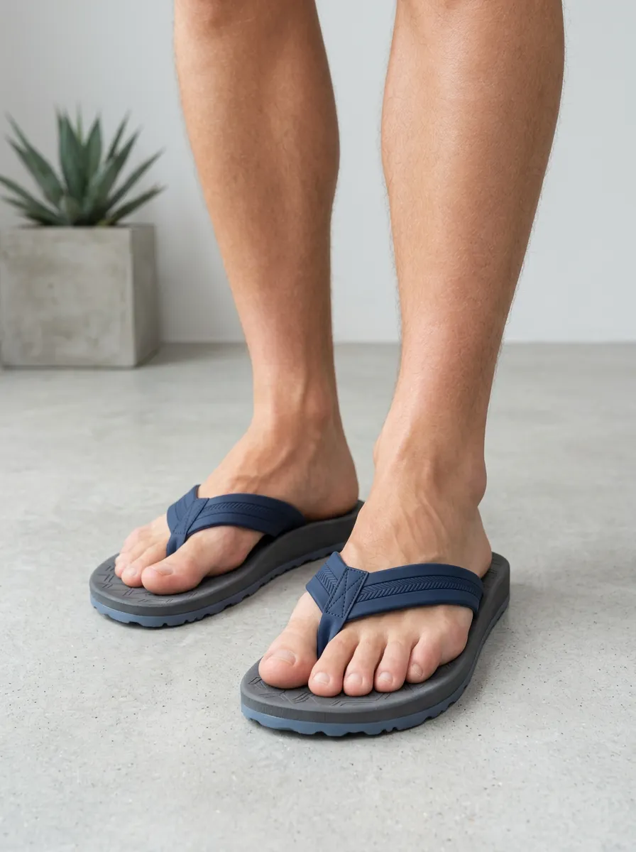Men's Navy Blue Textured Strap Printed Flip Flops