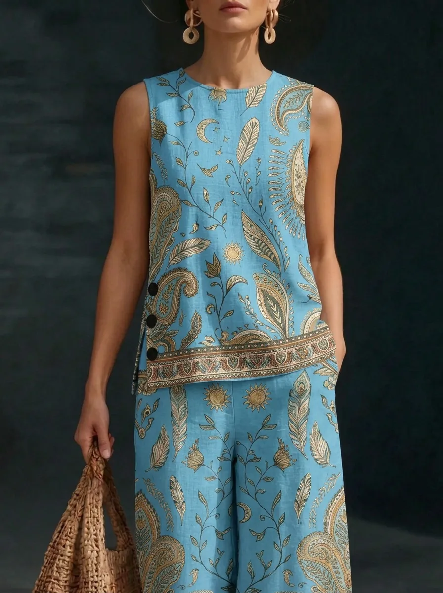 Women's Boho Sun Moon Paisley Printed Sleeveless Set