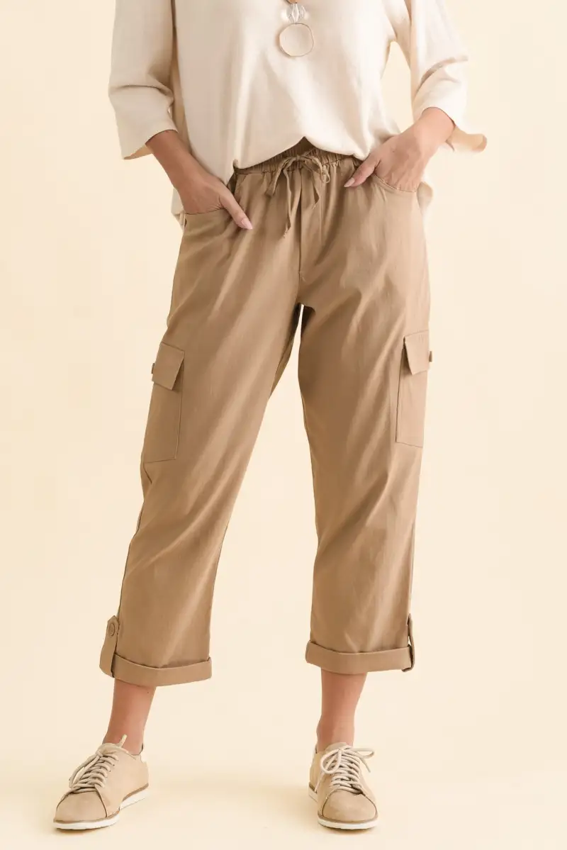 High Rise Cargo Pants With Elastic Waist And Drawstring