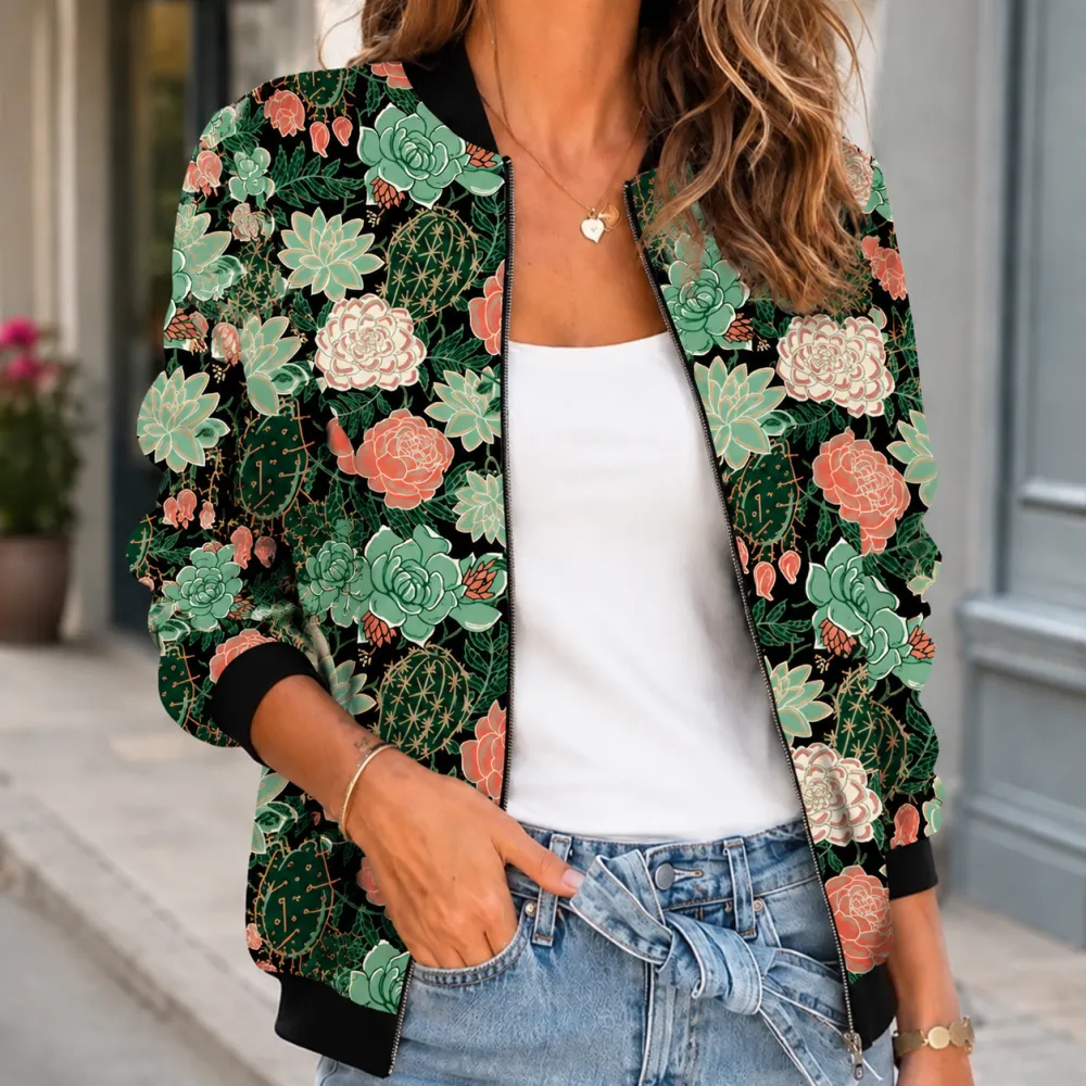 Printed Ribbed Trim Jacket
