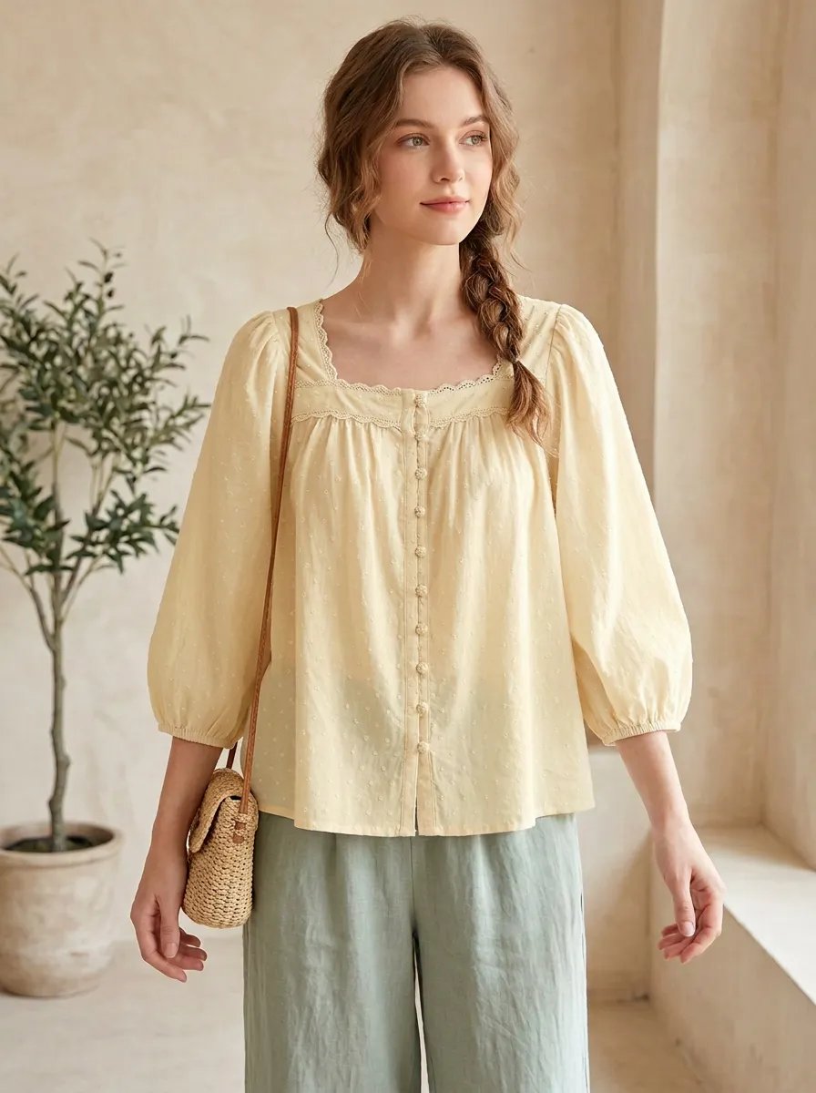Button-Front Women's Puff-Sleeve Blouse