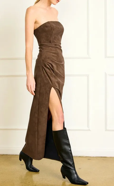 Brown Faux Leather Strapless Side Slit Dress