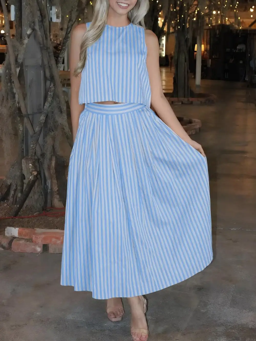 Natural Button Front Sleeveless Detail Coordinated Set