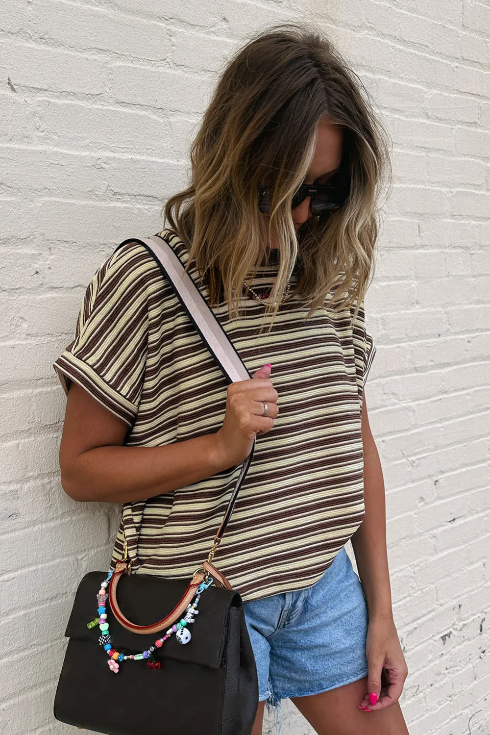 Brown Stripe Textured Side Slits Tee