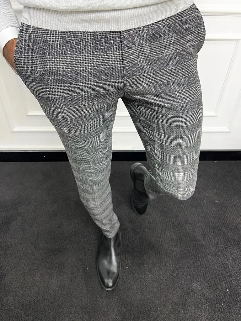 Slim Fit Striped Plaid Tailored Trousers