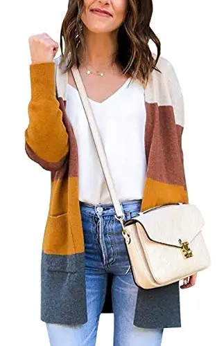 Womens Cardigan Color Block Striped Draped Kimono Cardigans Long Sleeve Open Front Casual Knit Sweaters Coat Outwear