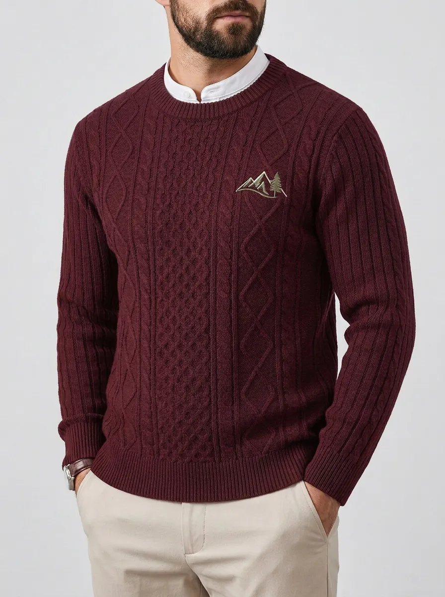 Men's Navy Nature Mountain Pine Tree Embroidered Knit Sweater