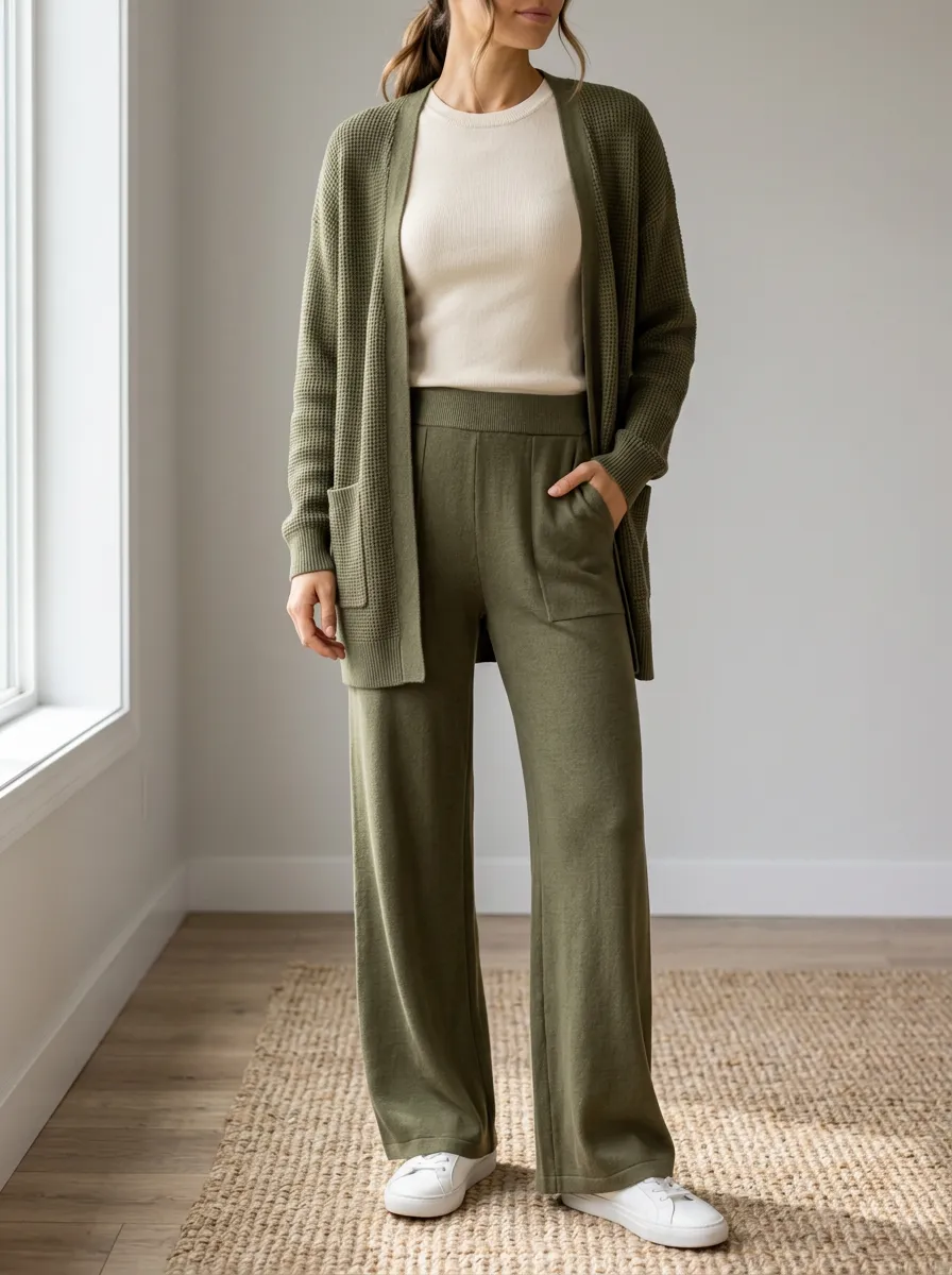 Women's Modern Casual Waffle Knit Cardigan Tank Top And Wide Leg Pants Matching Set