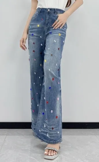 Gem Embellished Wide Leg Jeans