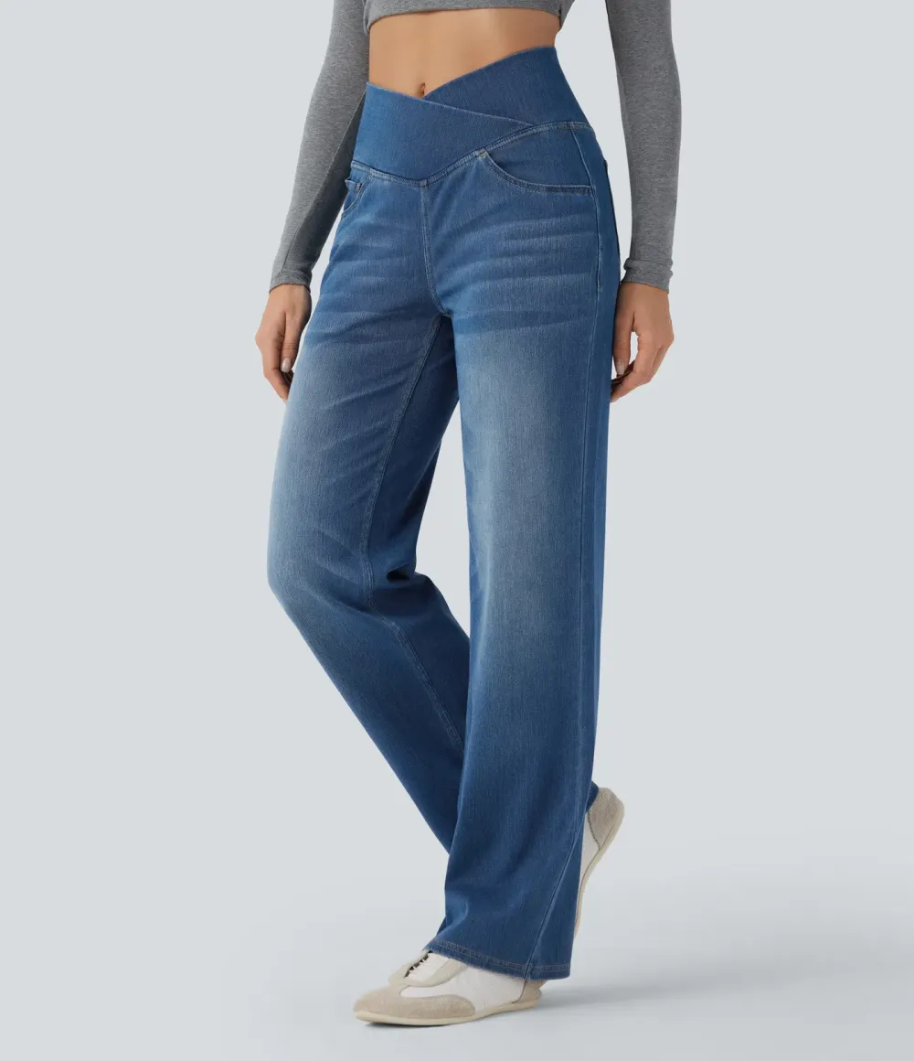High-waisted, relaxed, crossover straight-leg jeans with  pockets