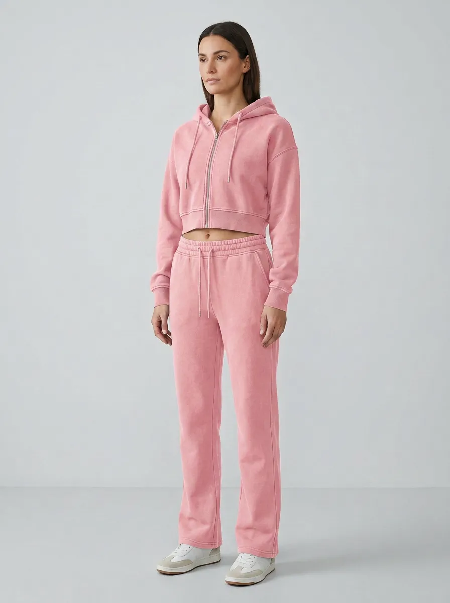 Women's Washed Vintage Inspired Sport Inspired Cropped Hooded Jacket and Flare Pants Active Set