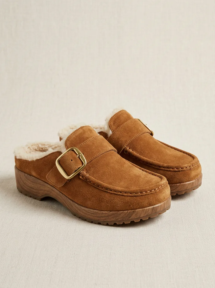 Women's Rugged Faux Fur Lined Buckle Detail Clog Style Winter Suede Wood Sole Loafers
