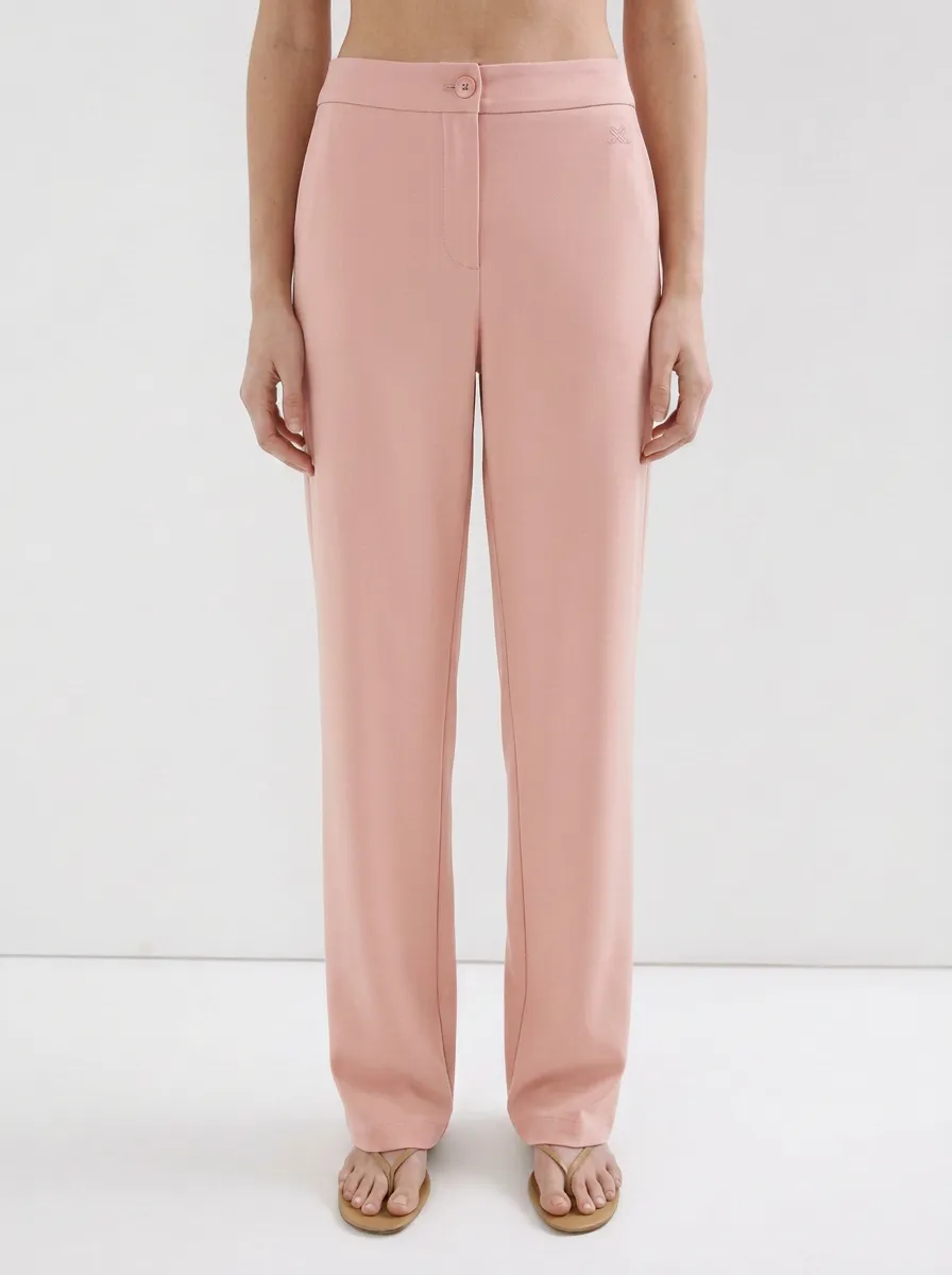 Women's Minimalist Beige Solid Color Mid-Rise Straight Leg Trousers