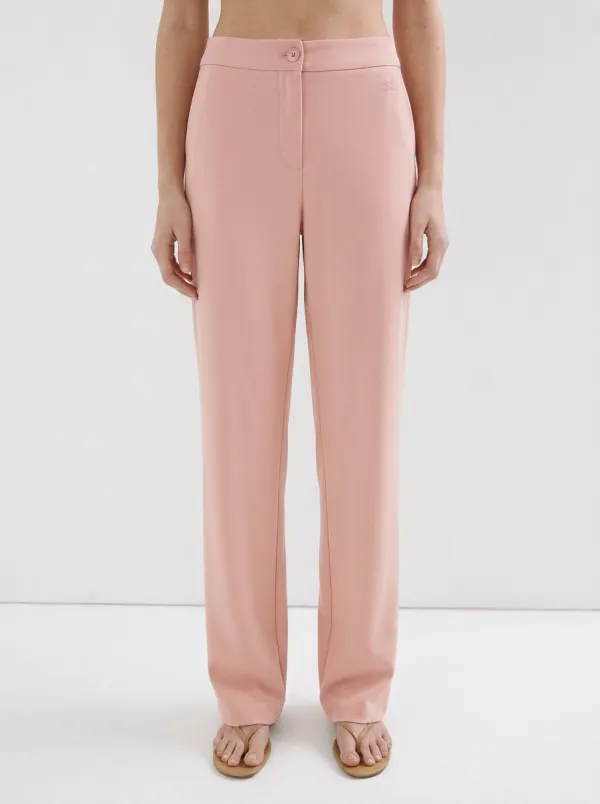 Women's Minimalist Beige Solid Color Mid-Rise Straight Leg Trousers