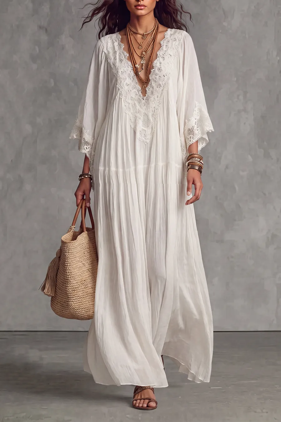 Plunge Neck Lace Trim Lace Maxi Dress