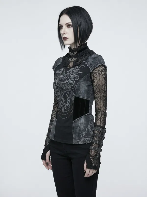 Women's Gothic Raven Floral Printed Lace Patchwork Top