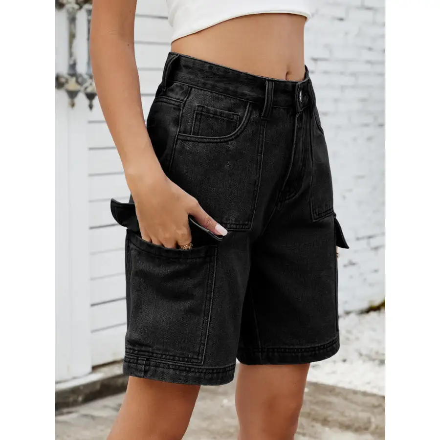 High Waist Pocketed Cargo Denim Shorts