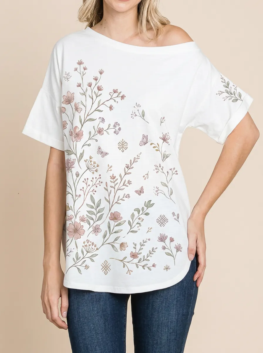 Women's Botanical Butterfly Floral Printed Off-Shoulder Top