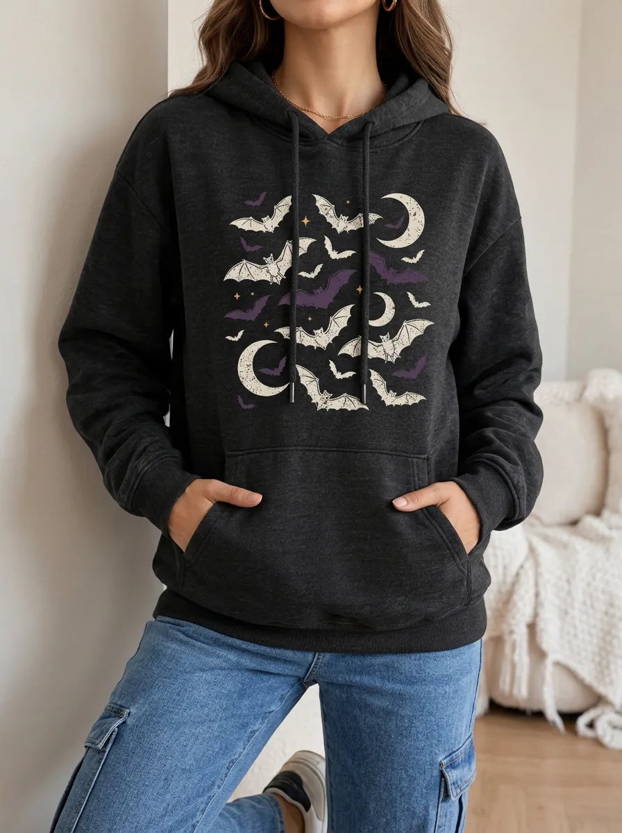 Women's Halloween Gothic Moon and Bats Printed Hoodie
