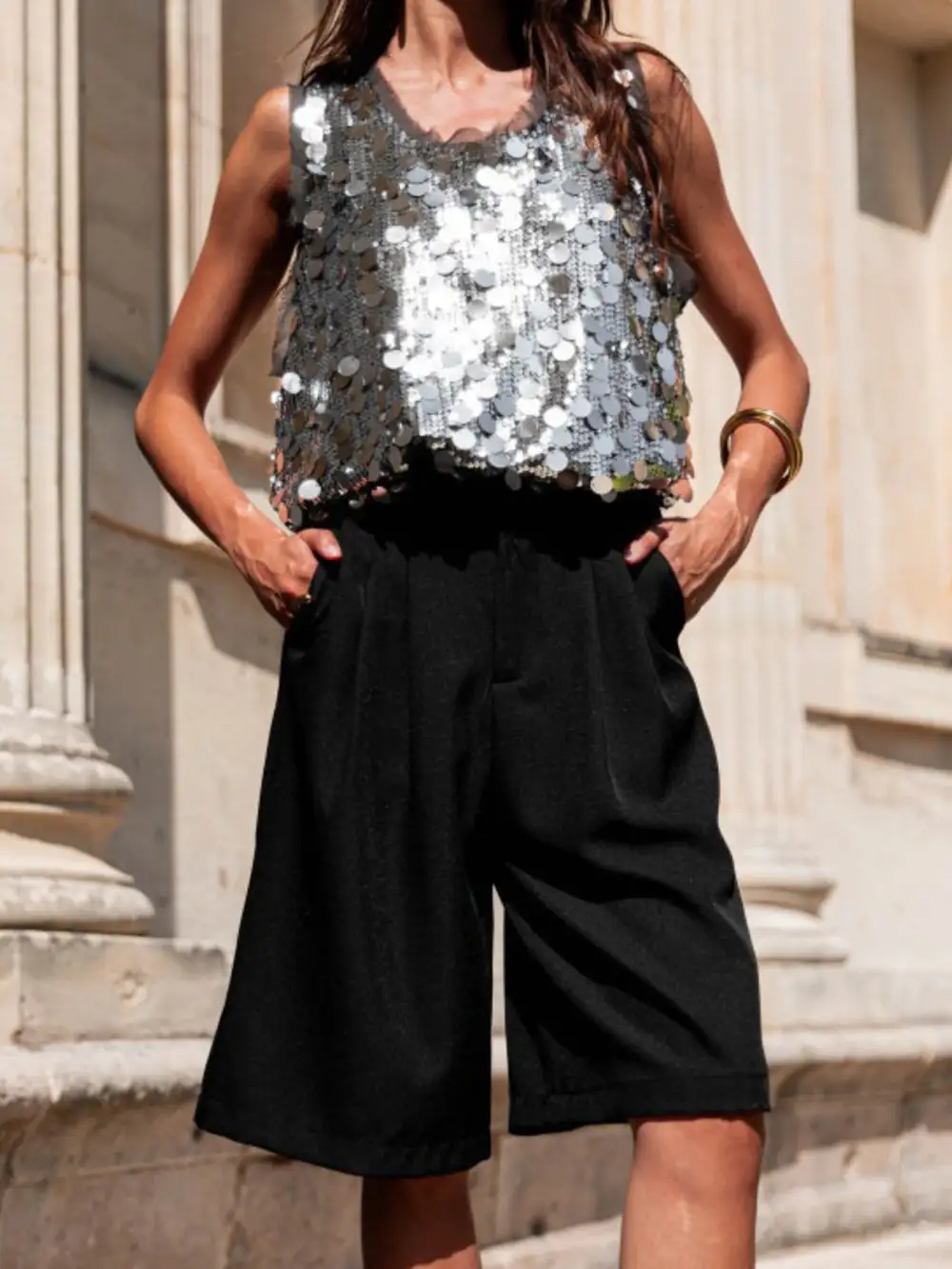 Round-Neck Sequined Tank Top