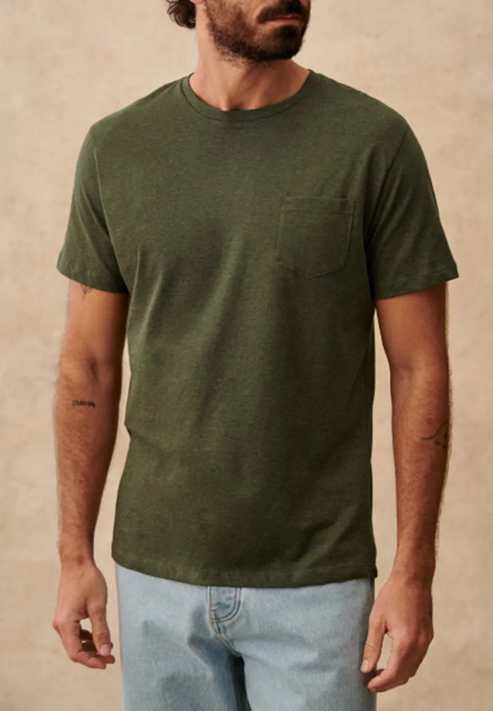 Mottled Khaki Textured Crew Neck Casual T-Shirt
