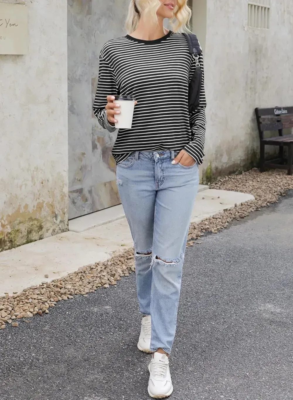 Dokotoo Women's Casual Striped Long Sleeve Tops Crew Neck Knit Ribbed Basic T Shirts