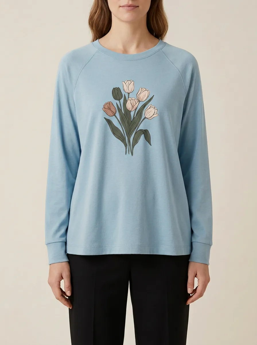 Women's Tulip Floral Graphic Raglan Long-Sleeve Top