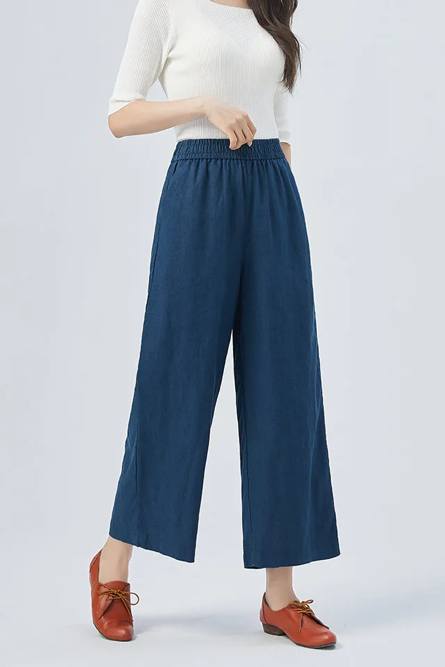 Linen Wide Leg Straight Leg High Waist Pocketed Trousers