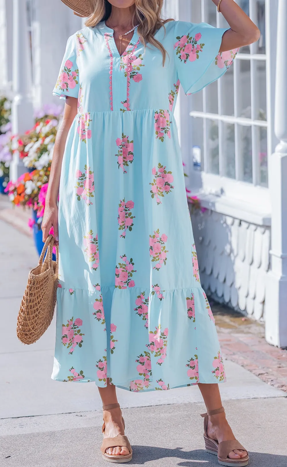 Notched Neck Flutter Short Sleeve Floral Print Maxi Dress