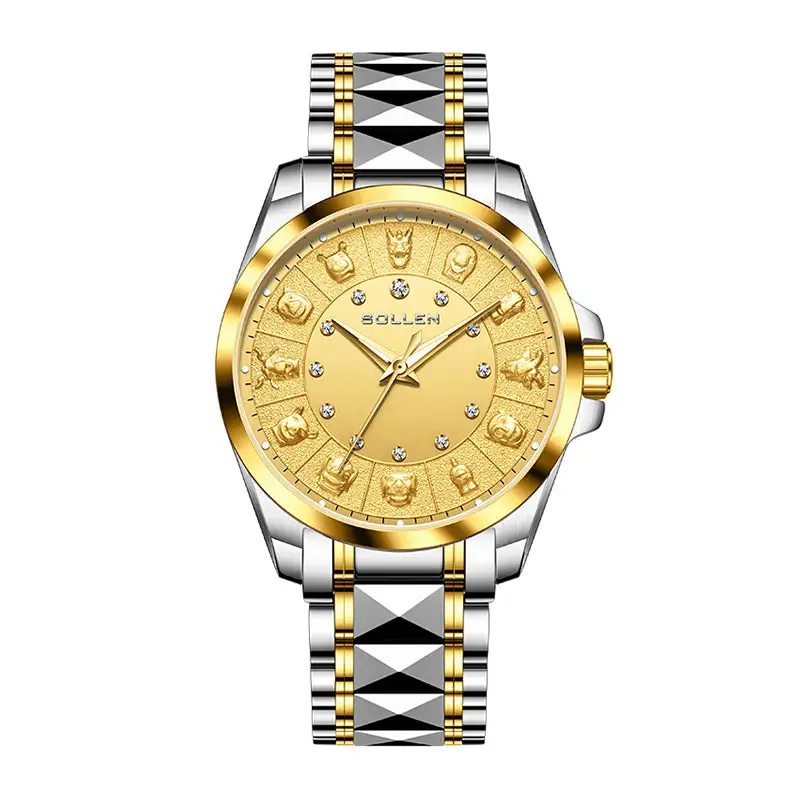 Sollen 9066 Automatic Watch - Men's Dress 12 Diamond Zodiac Relief Gold Foil Dial 7-Bead Steel Bracelet Wristwatch