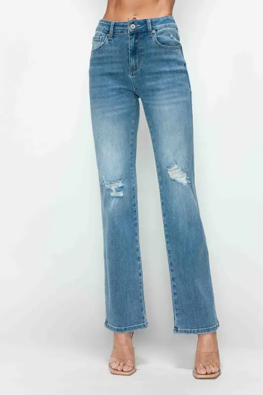 High-Rise Distressed Washed Pocketed Straight Leg Jeans