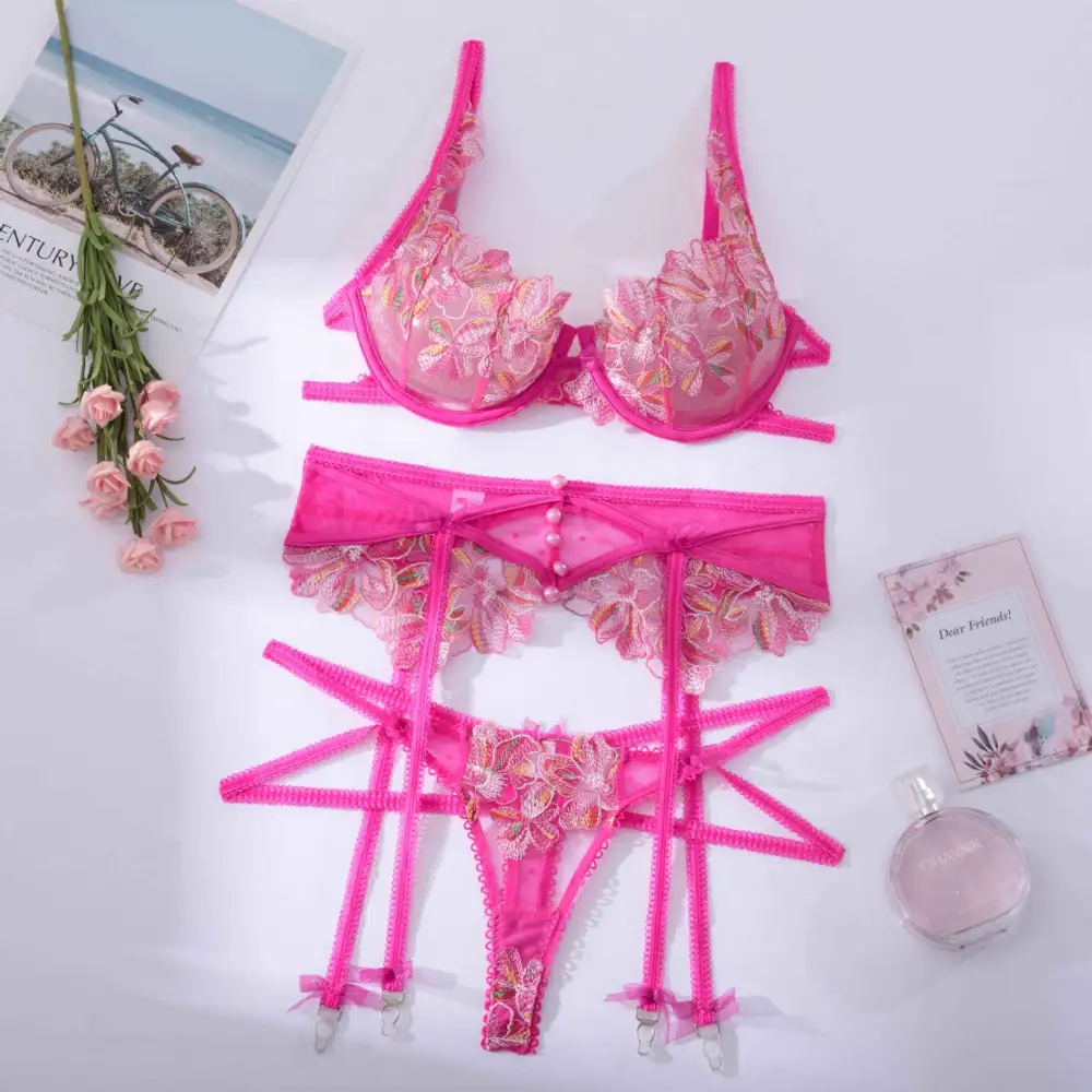 Floral Embroidered Garter Lingerie Set