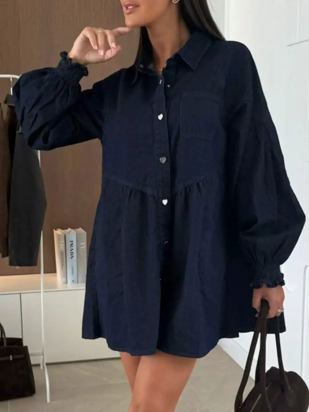 Denim Button Front Pocketed Mini Dress