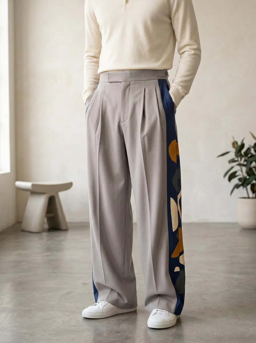Men's Abstract Geometric Side-Striped Printed Wide Leg Pants