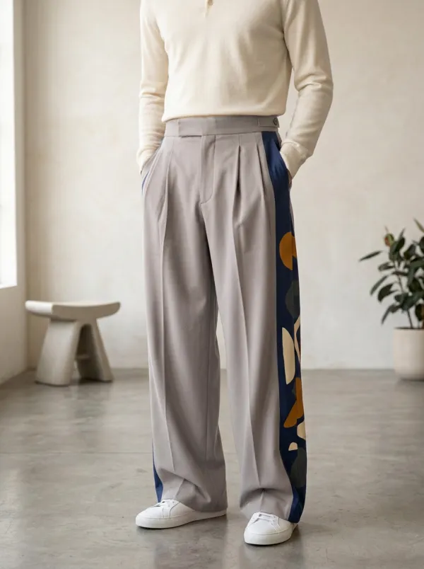 Men's Abstract Geometric Side-Striped Printed Wide Leg Pants
