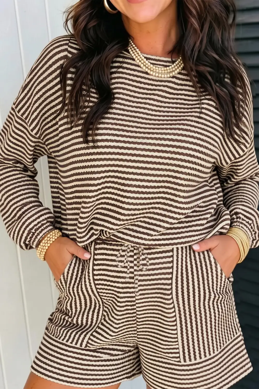 Women's Coordinated Textured Knit Long Sleeve Top Elastic Waist Shorts Casual Outfit