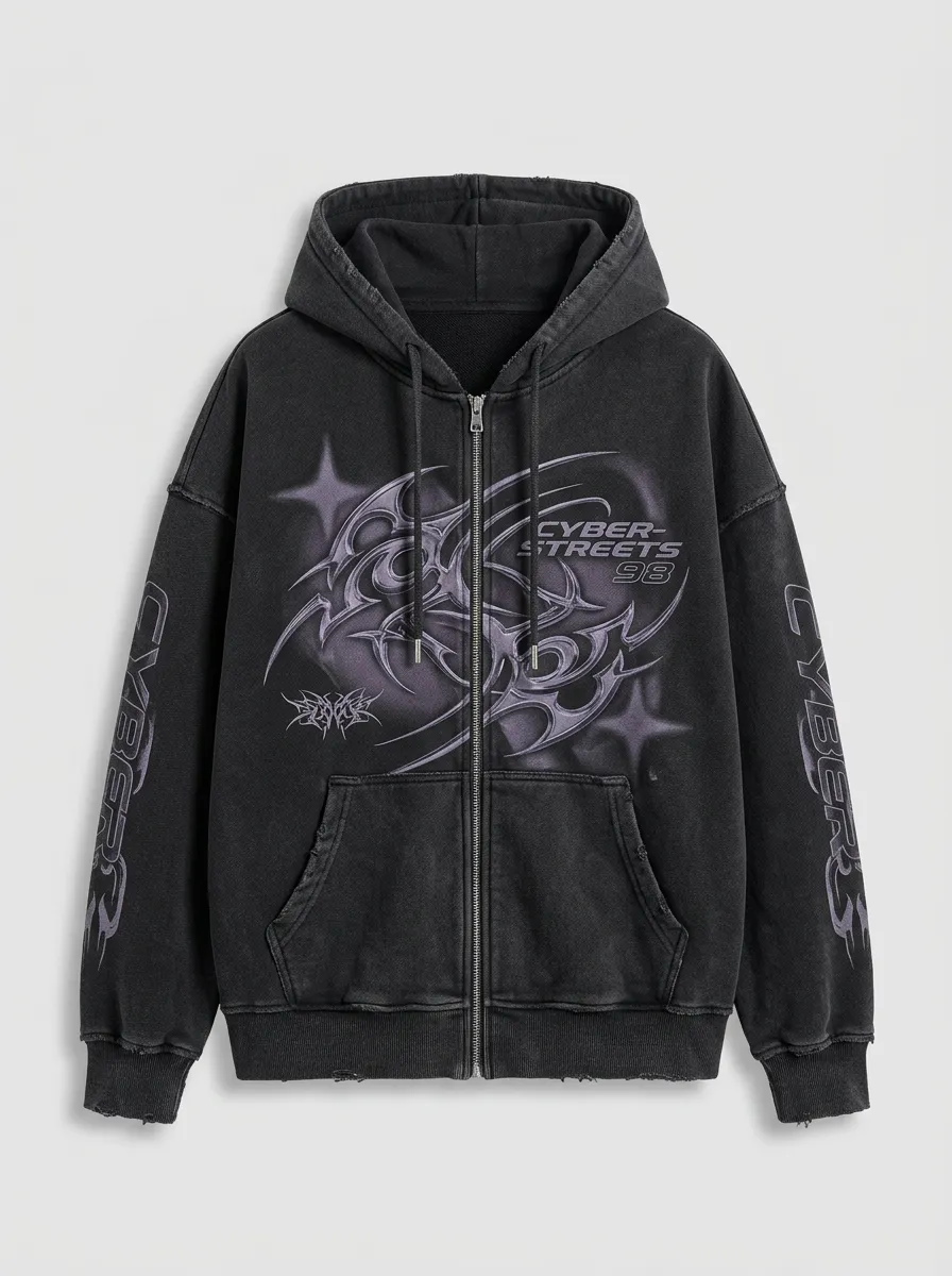 Unisex Streetwear Cyber Tribal Graphic Printed Zip Up Hoodie