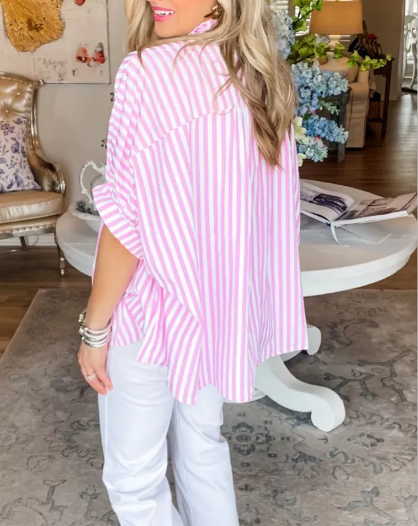 Pink Stripe Dolman Sleeve Oversize Shirt