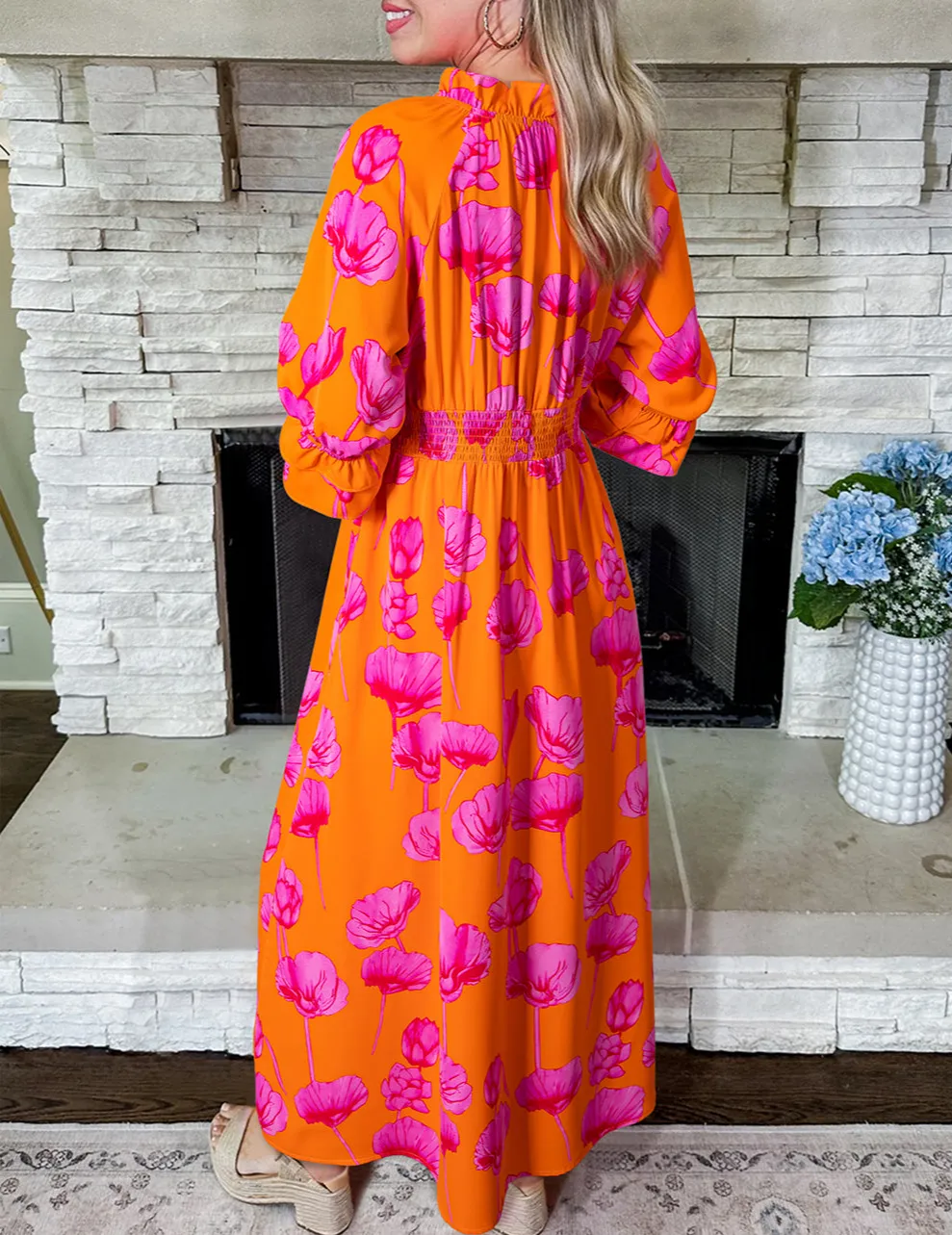 Maxi Floral Print Frilly Smocked V Neck Sleeve Long