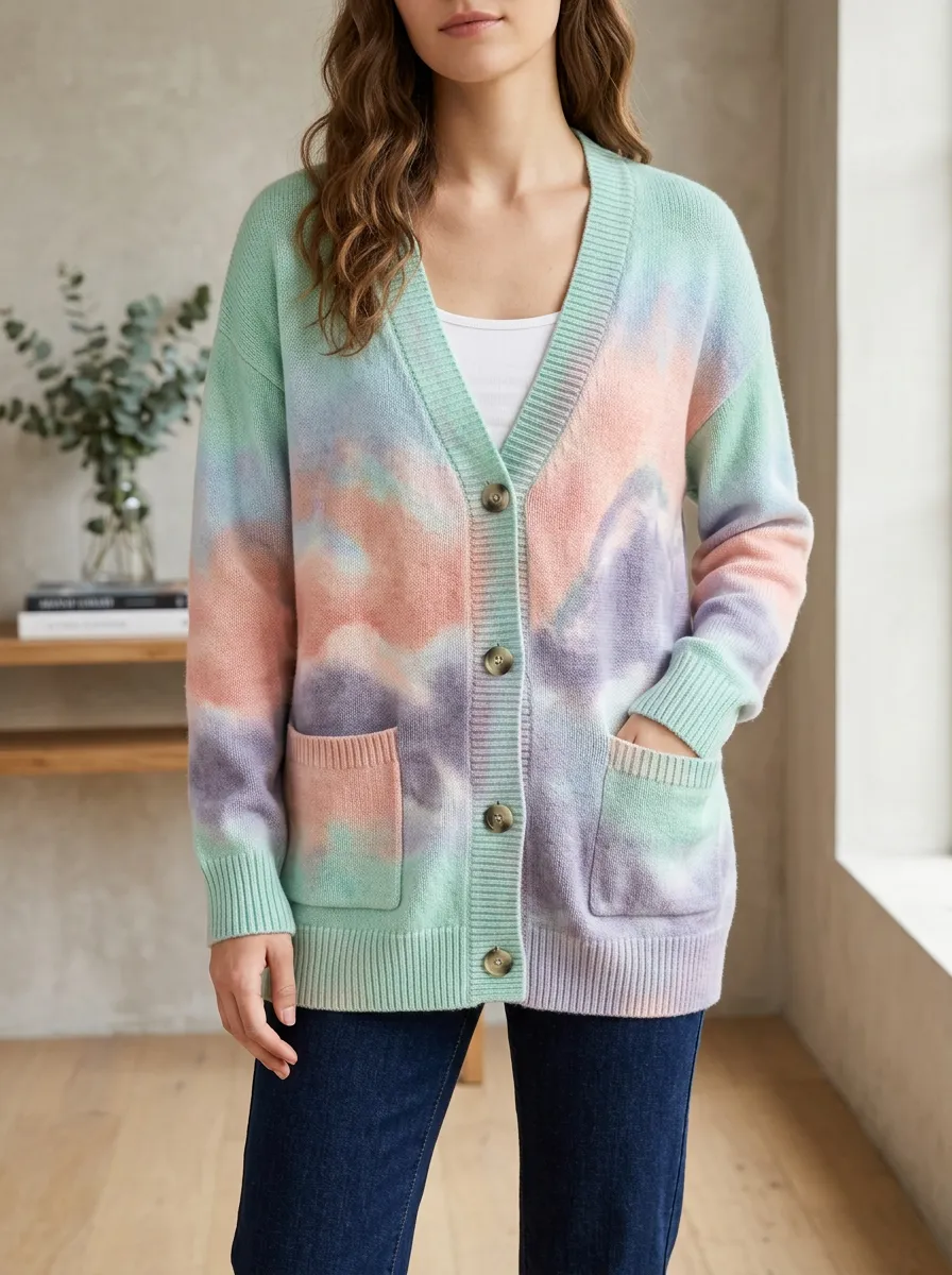 Women's Pastel Tie-Dye Pattern Printed Hip Length Easygoing Layering Cardigan