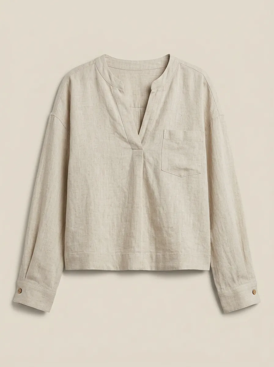 Women's Casual Linen Blend V-Neck Pocket Long Sleeve Top