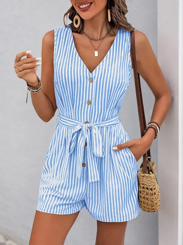 V Neck Sleeveless Striped Jumpsuit