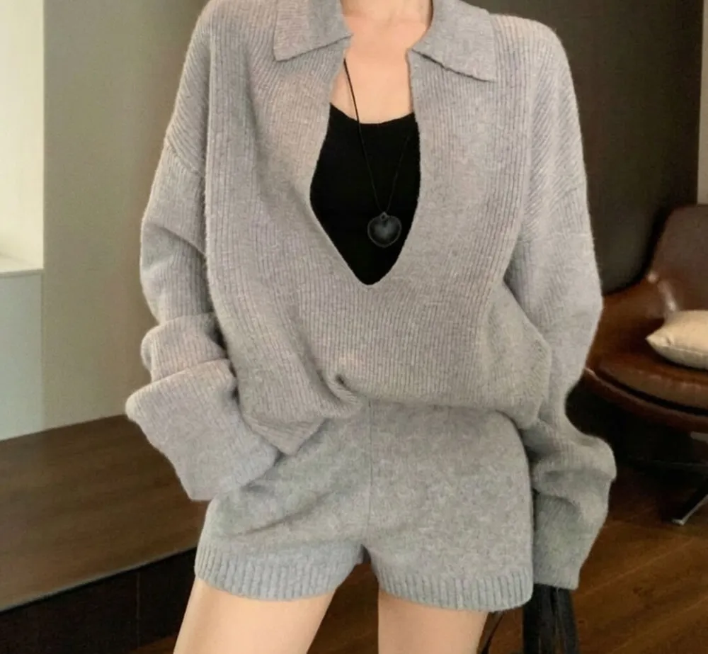 Collared Sweater & Shorts Set