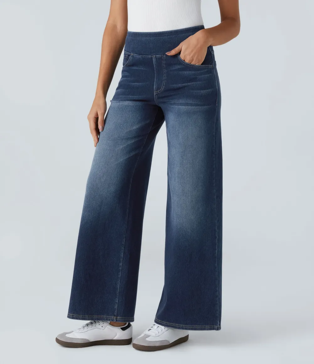 2026🔥  High Waisted Multiple Pockets Baggy Wide Leg Washed Stretchy Knit Casual Jeans