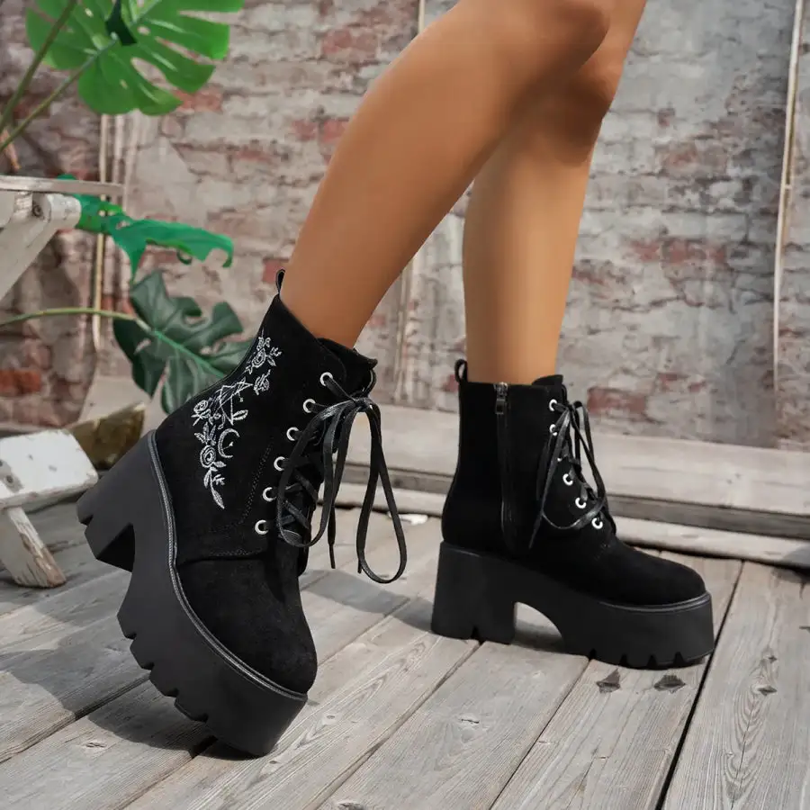 Embroidered Platform Combat Boots