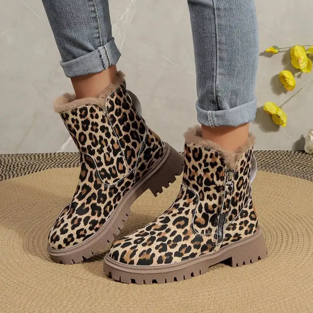 Print Fur Lined Ankle Boots