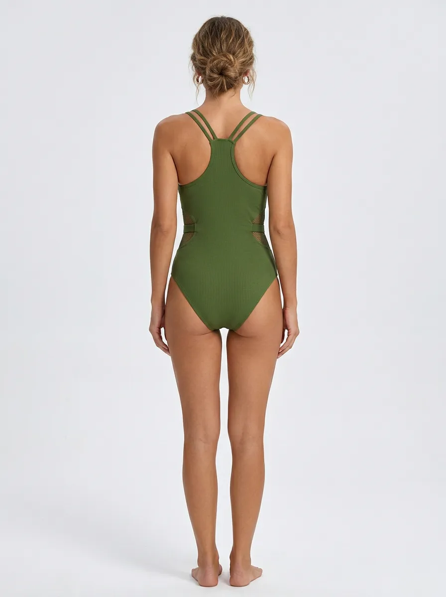 Women's Olive Green Ribbed Mesh Cutout Ring Detail One-Piece Swimsuit