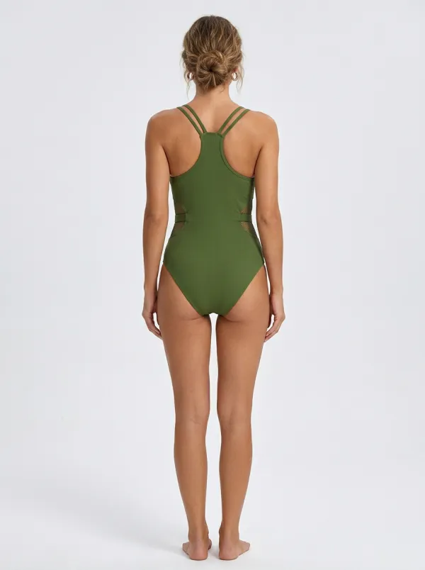 Women's Olive Green Ribbed Mesh Cutout Ring Detail One-Piece Swimsuit