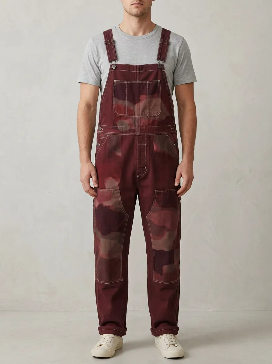 Camo Print Utility Contrast Stitch Overalls