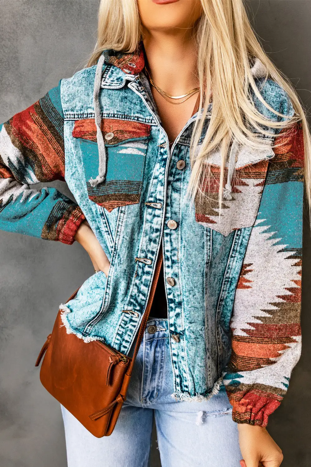 Women's Aztec Print Frayed Hem Denim Jacket